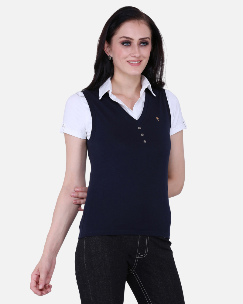 Navy V Neck Stretch Vest Coat Top