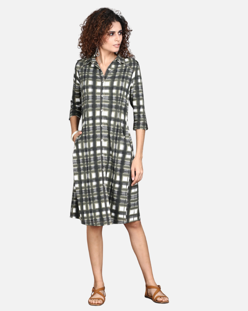 Off White with Olive Grey Checks Cotton Stretch Dress