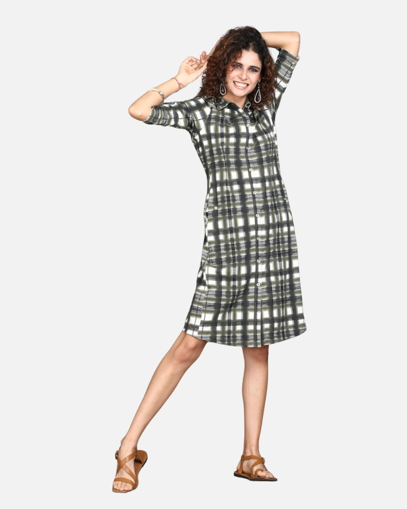 Off White with Olive Grey Checks Cotton Stretch Dress