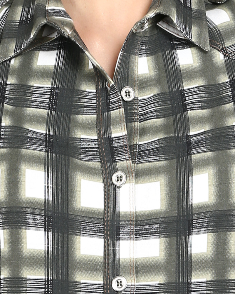 Off White with Olive Grey Checks Cotton Stretch Dress