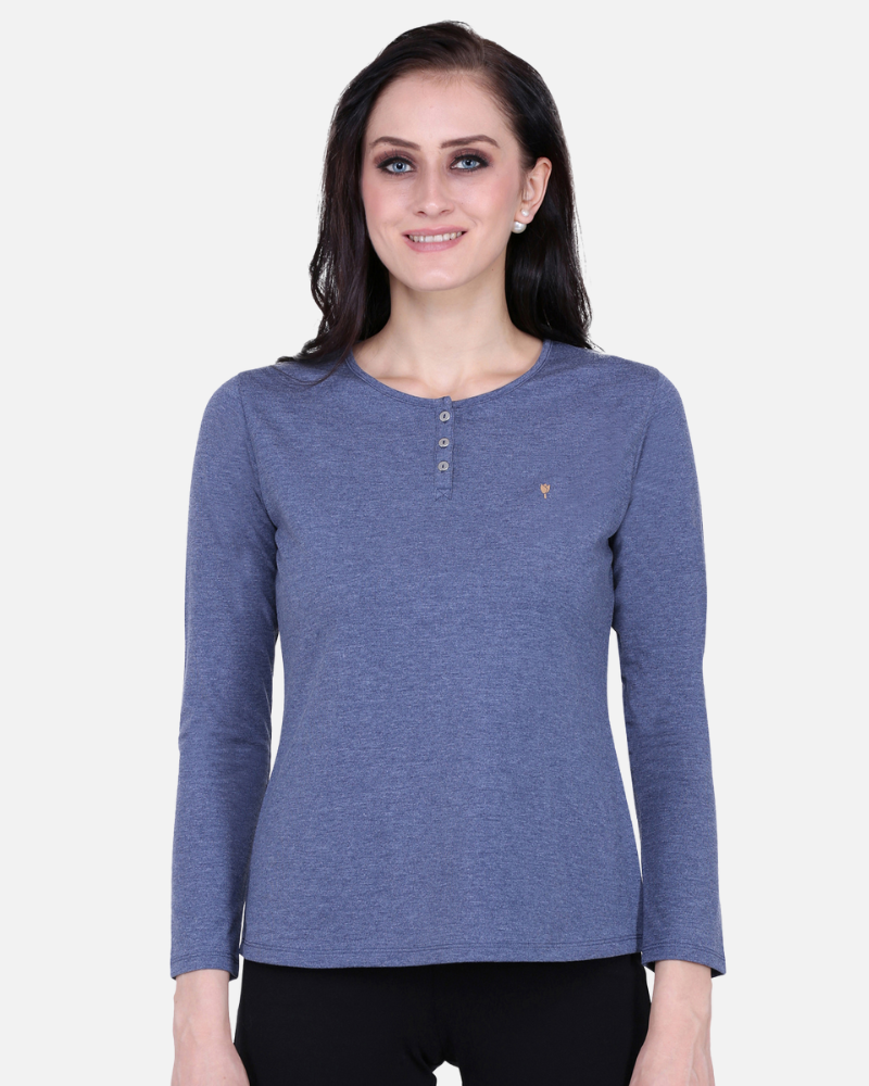 Plain Melange Blue Round Neck Stretch Top