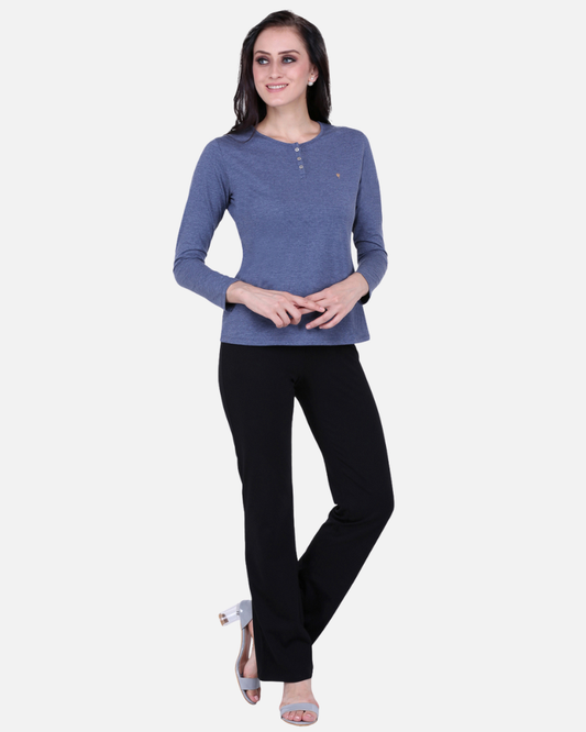 Plain Melange Blue Round Neck Stretch Top