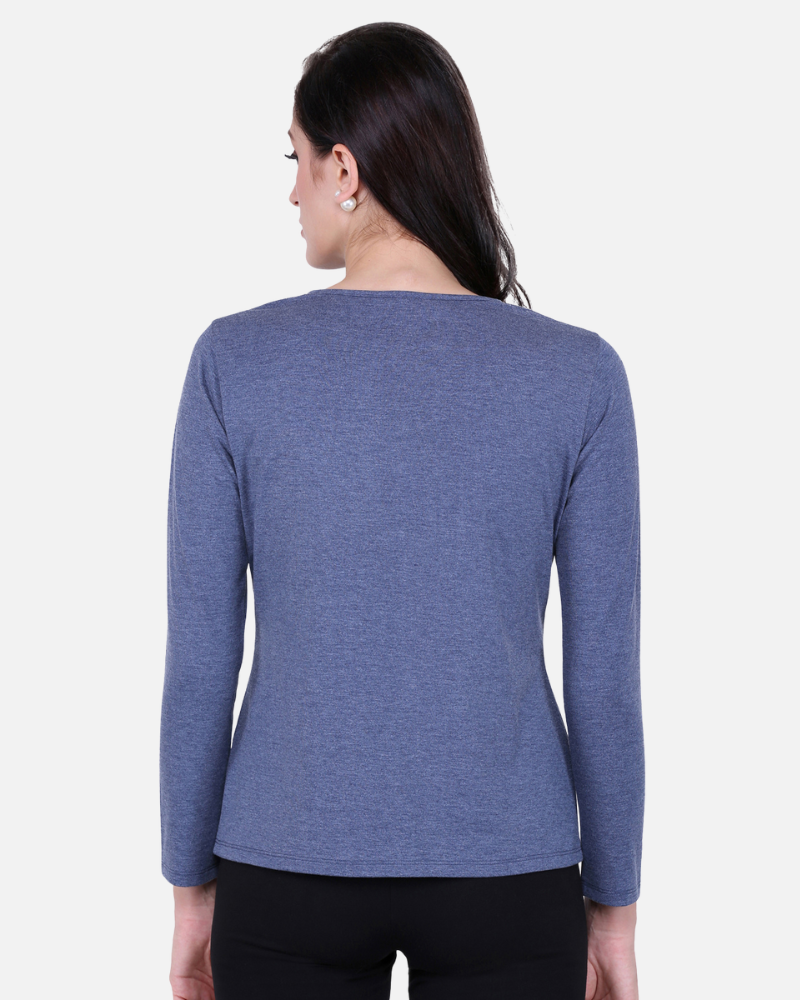 Plain Melange Blue Round Neck Stretch Top
