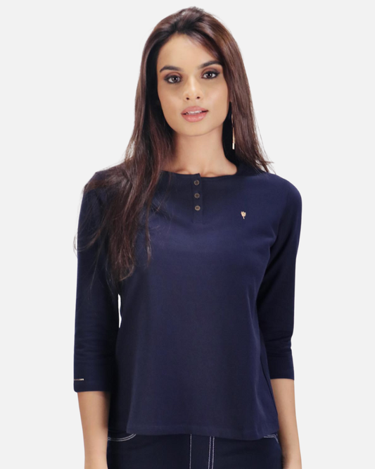 Plain Navy Round Neck Stretch Top
