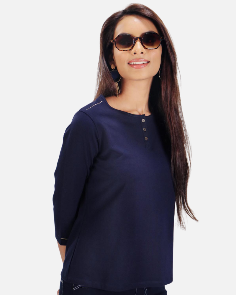 Plain Navy Round Neck Stretch Top