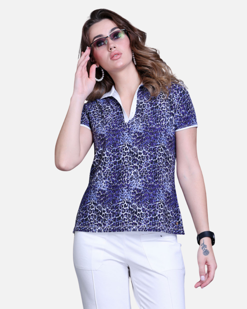 Purple Leopard Print Cotton T-Shirt with Swarovski Collar