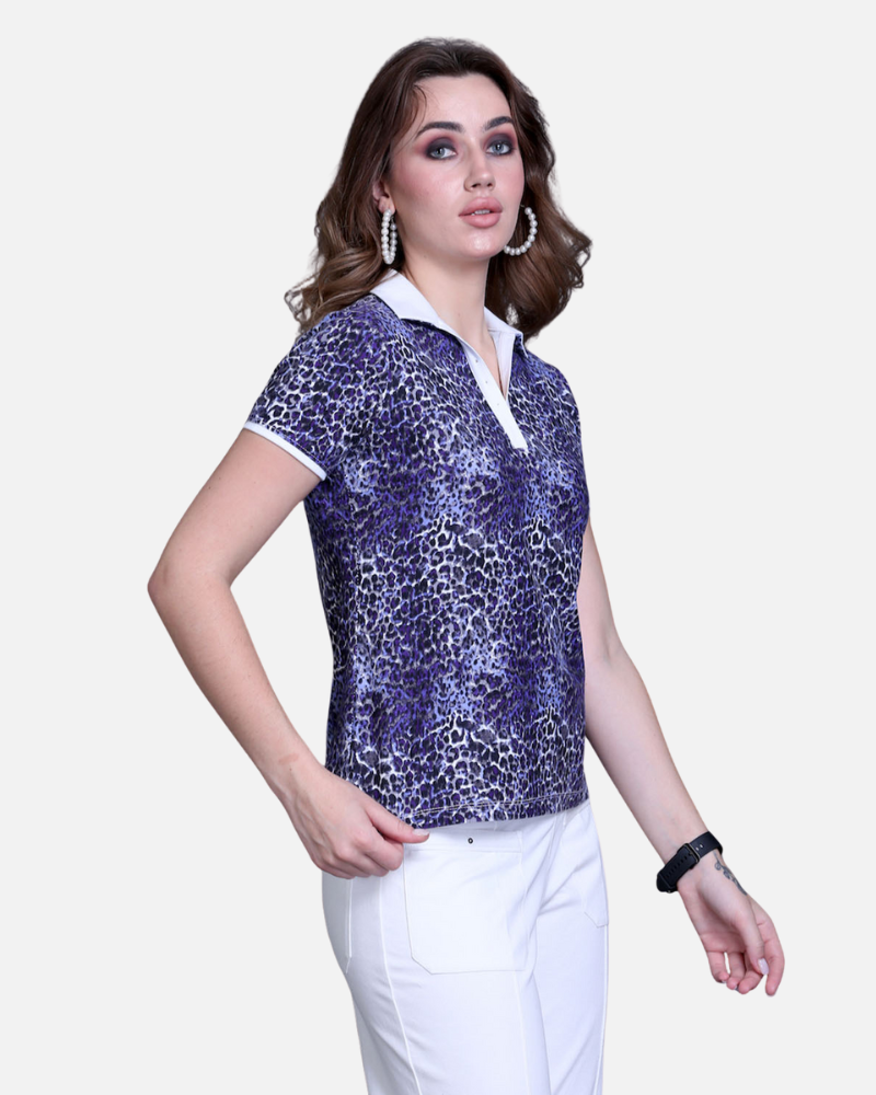 Purple Leopard Print Cotton T-Shirt with Swarovski Collar