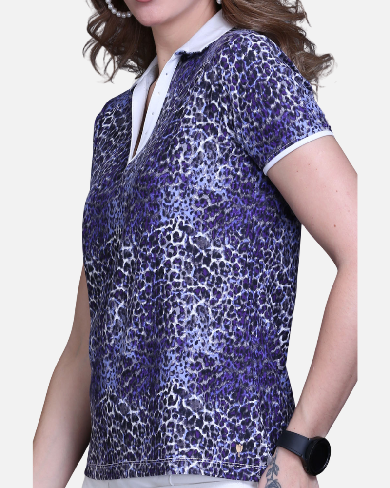Purple Leopard Print Cotton T-Shirt with Swarovski Collar