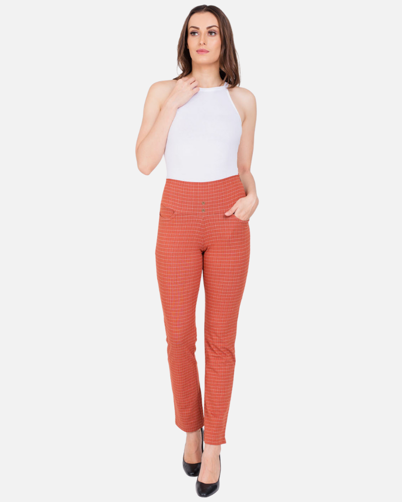 Rust Urban Checks Stretch Pants