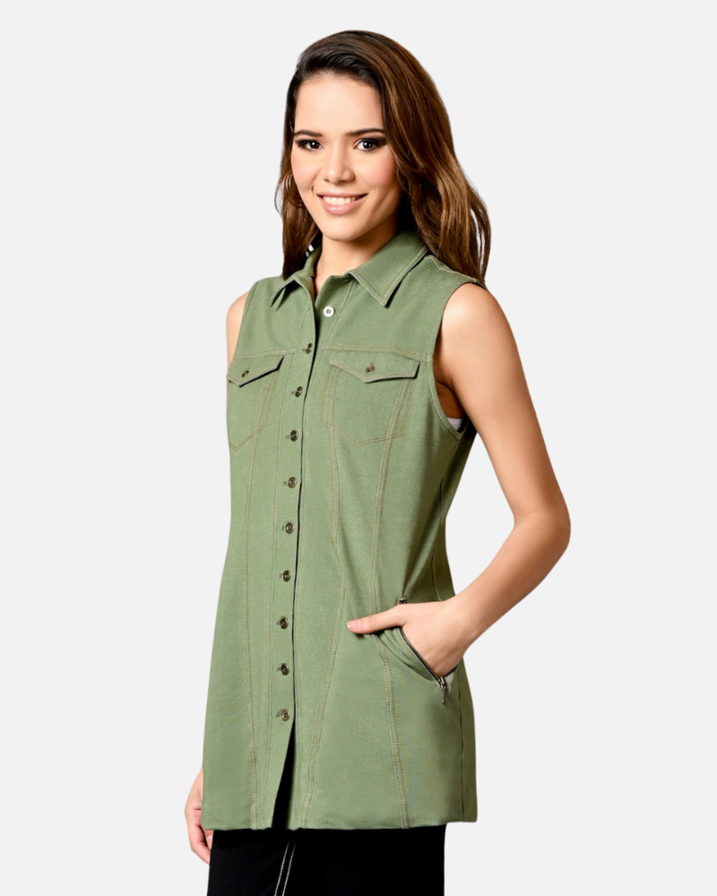 Sage Green Sleeveless Jacket Shirt