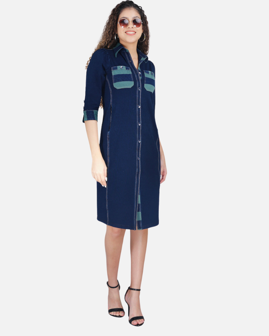 Stretch Denim Dress with Green Stripe Pockets