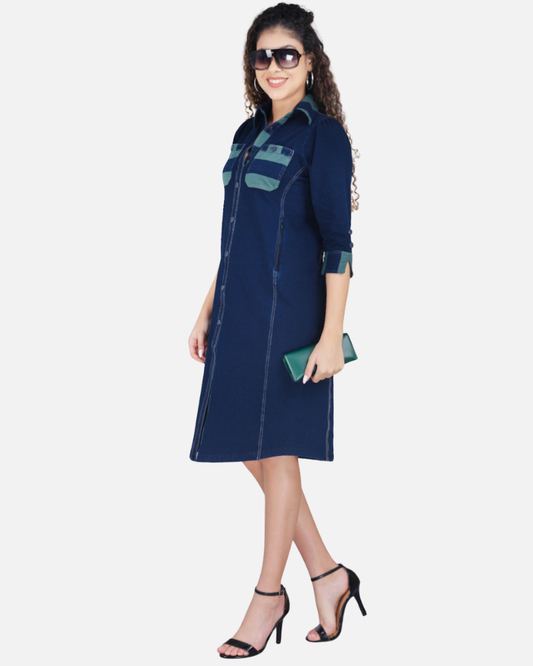 Stretch Denim Dress with Green Stripe Pockets
