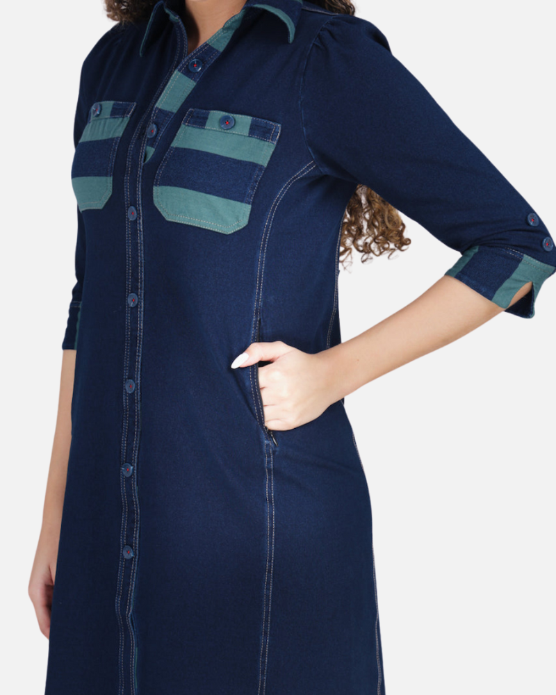 Stretch Denim Dress with Green Stripe Pockets