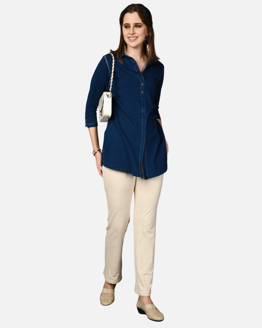 Stretch Indigo Denim Jacquard Long Shirt