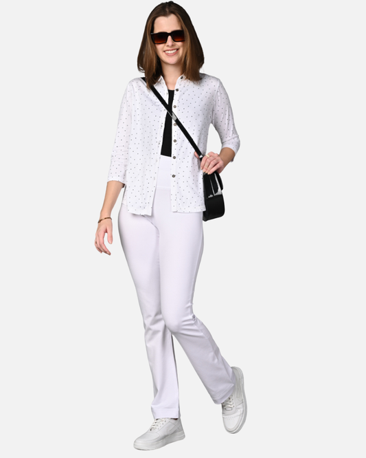 White Black Dot Cotton Stretch Shirt