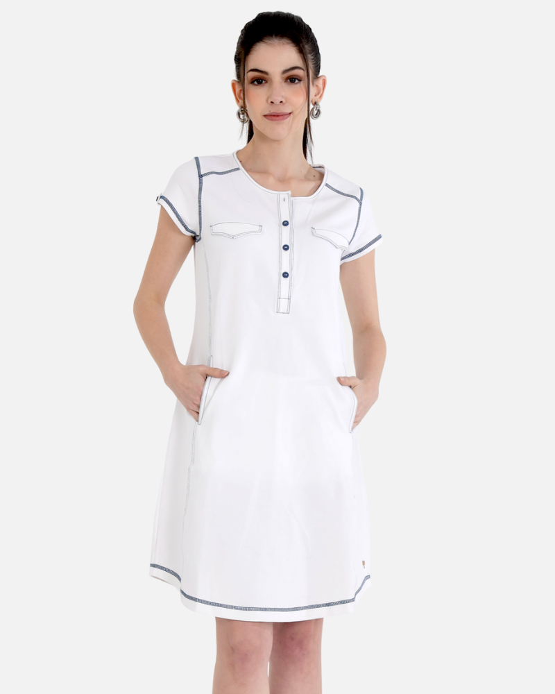 White Cotton Stretch Dress With Cap Sleeves and Black Threadwork