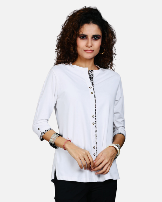 White Long Top with Animal Print Highlights