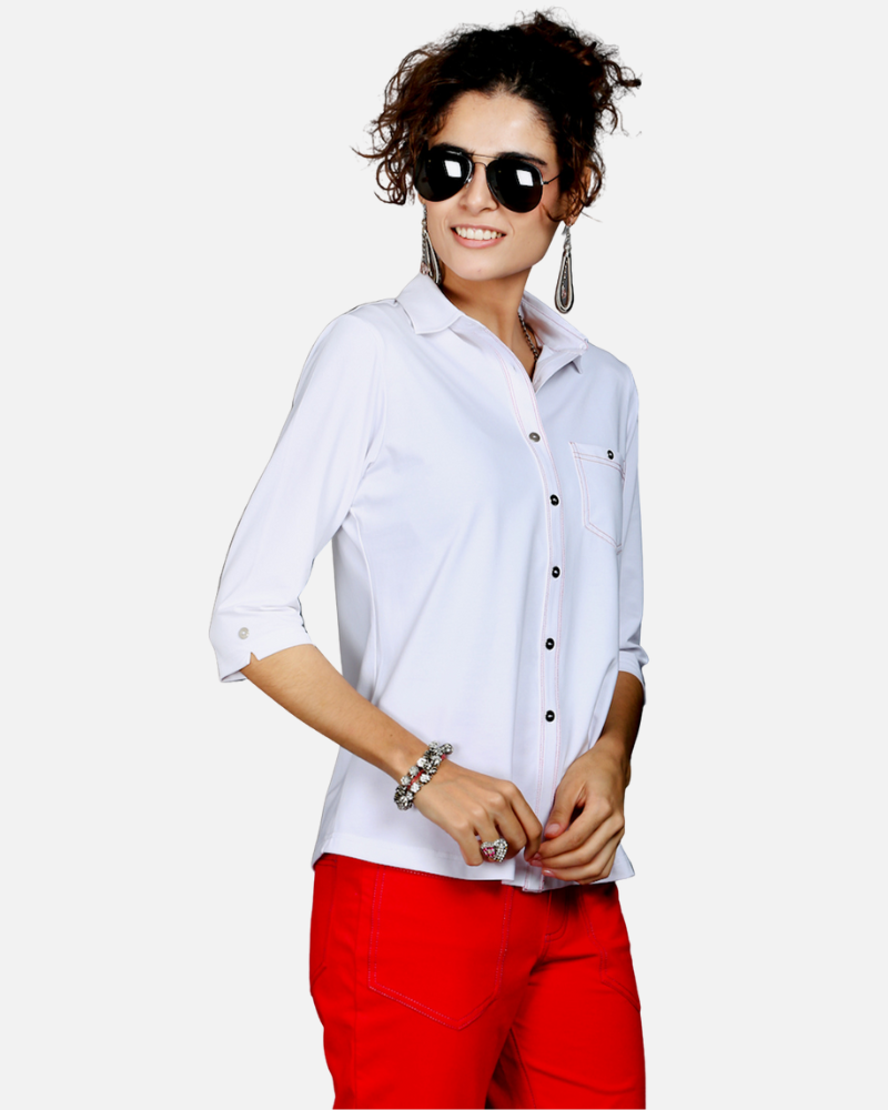 White Stretch Shirt with Red Stitch Details