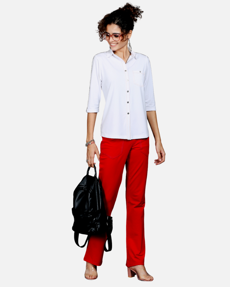 White Stretch Shirt with Red Stitch Details