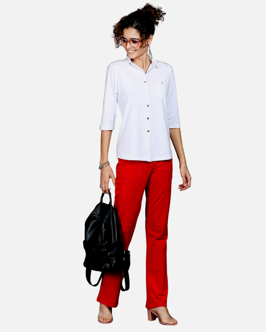 White Stretch Shirt with Red Stitch Details