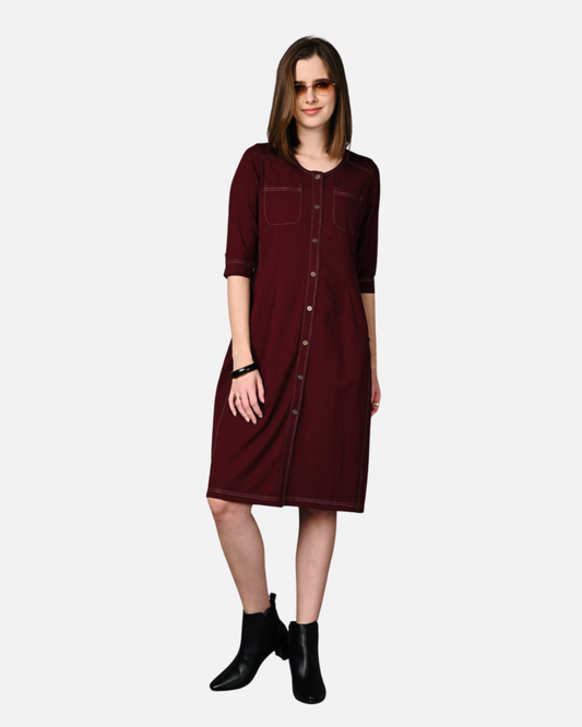 Wine Cotton Stretch Dress with Waist Adjuster