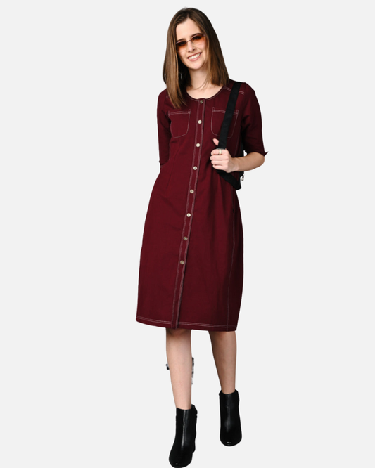 Wine Cotton Stretch Dress with Waist Adjuster