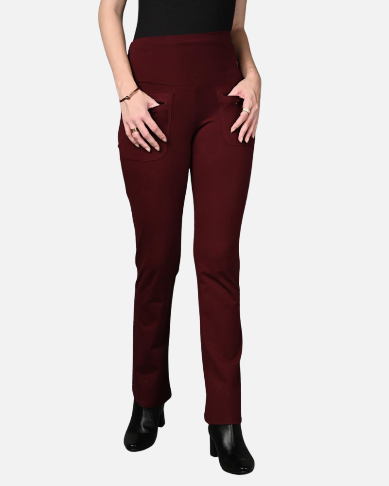 Wine Superior Cotton Stretch Flair Pants with Pockets