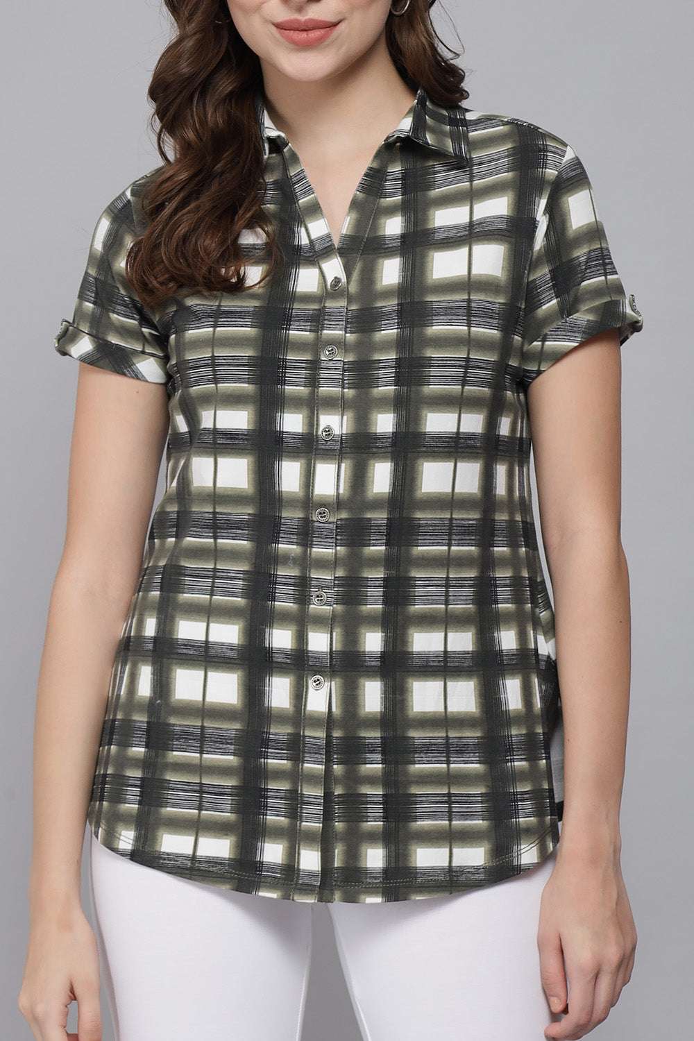 Short Sleeve Stretch Cotton Olive Green Checks Shirt
