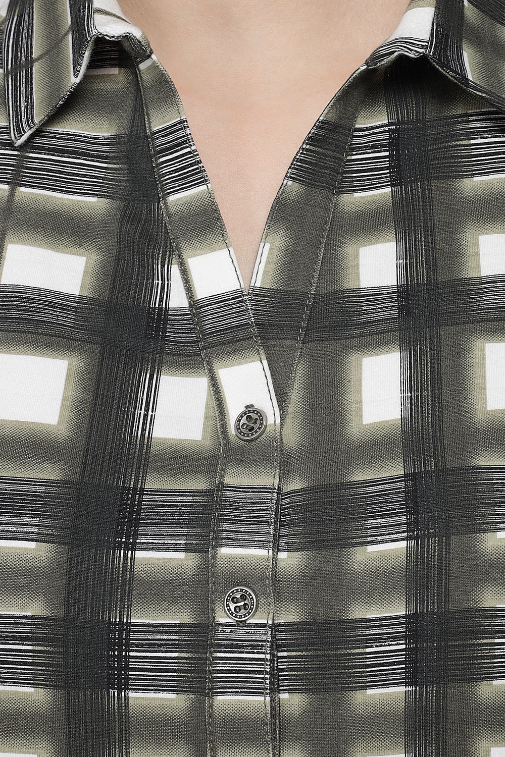 Short Sleeve Stretch Cotton Olive Green Checks Shirt