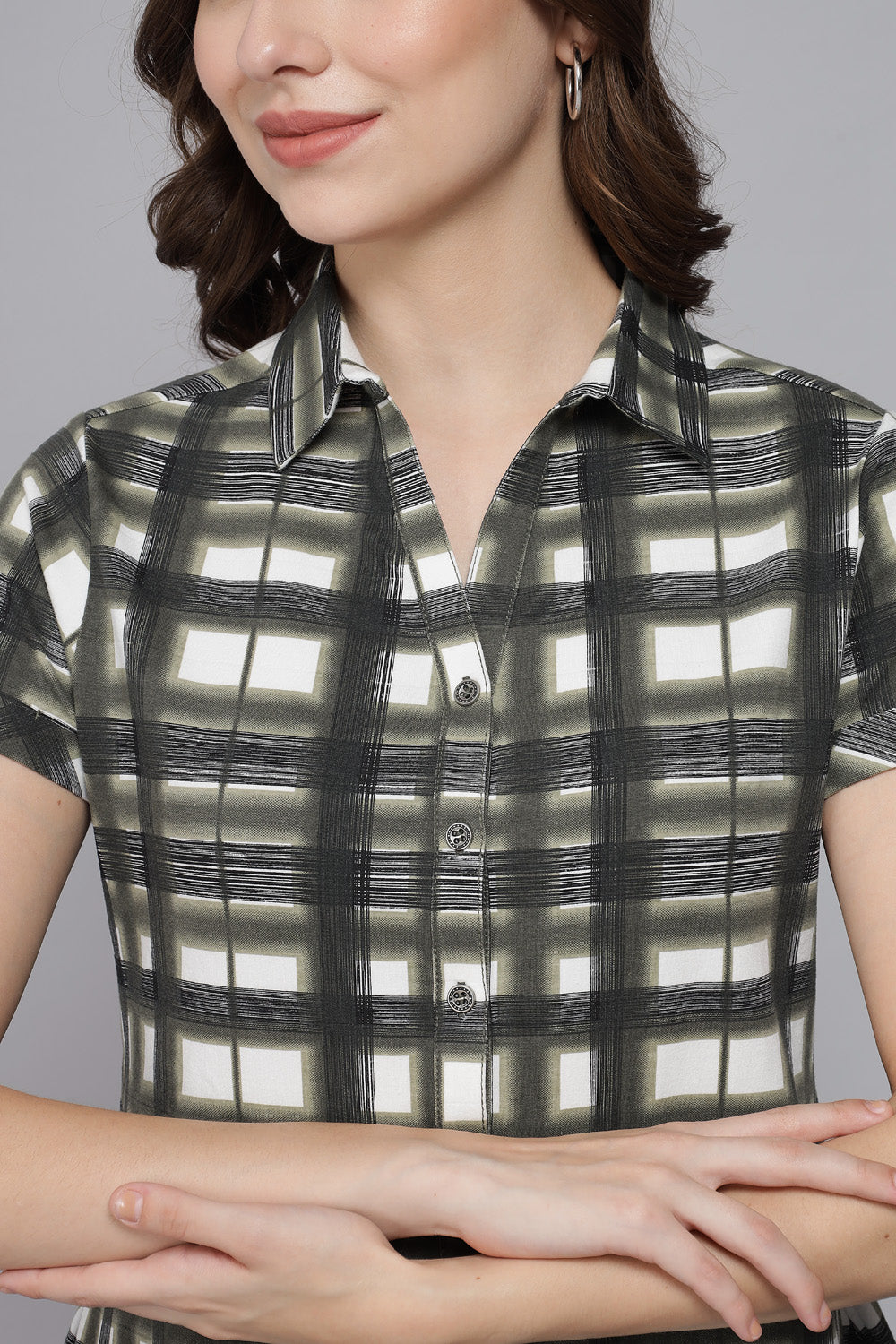 Short Sleeve Stretch Cotton Olive Green Checks Shirt
