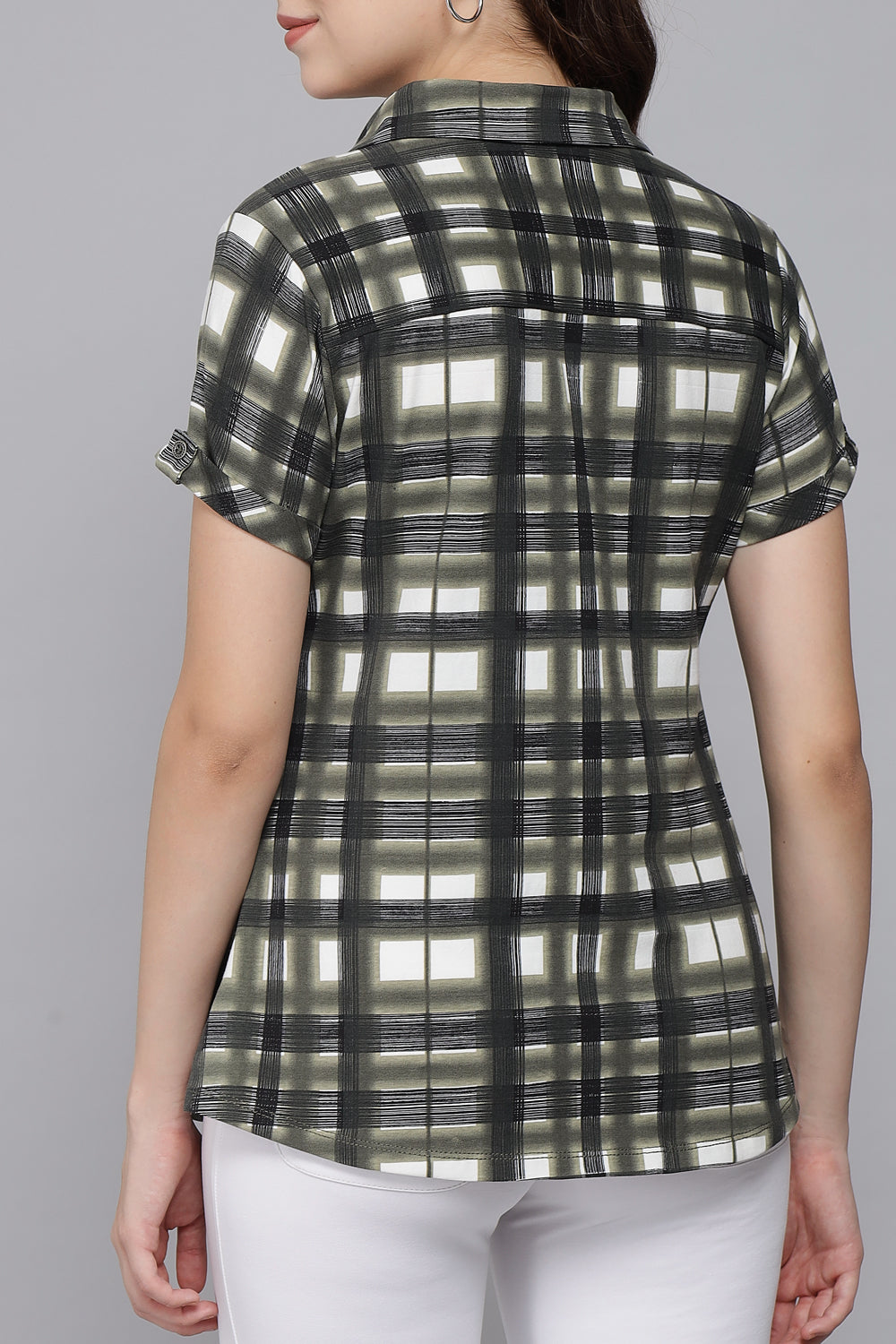 Short Sleeve Stretch Cotton Olive Green Checks Shirt