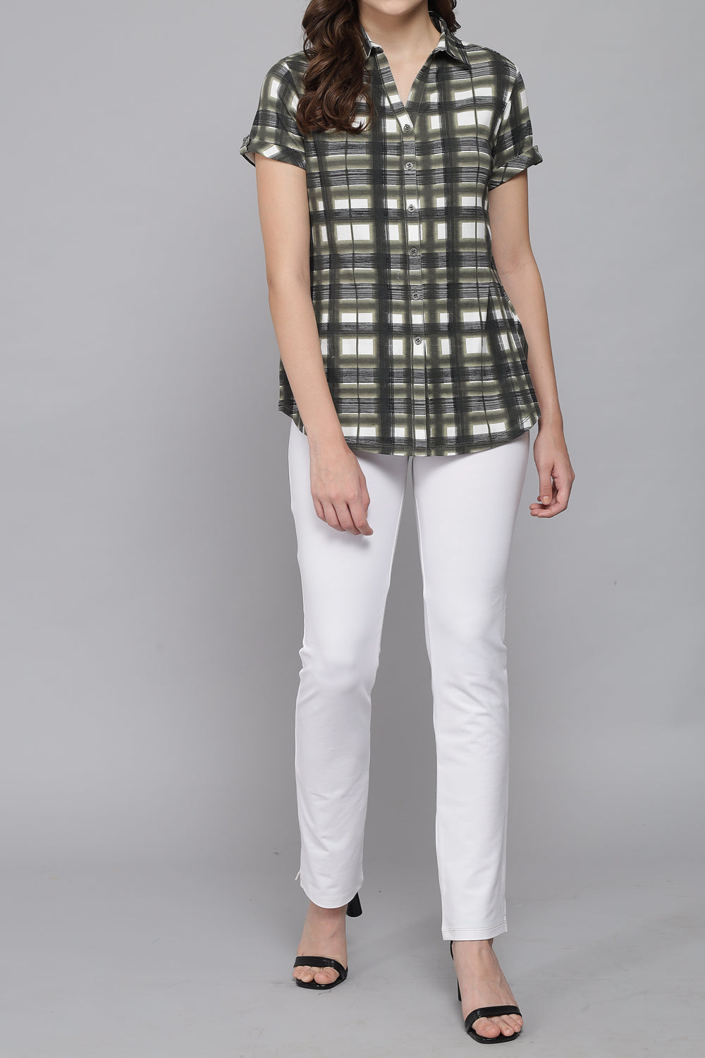 Short Sleeve Stretch Cotton Olive Green Checks Shirt