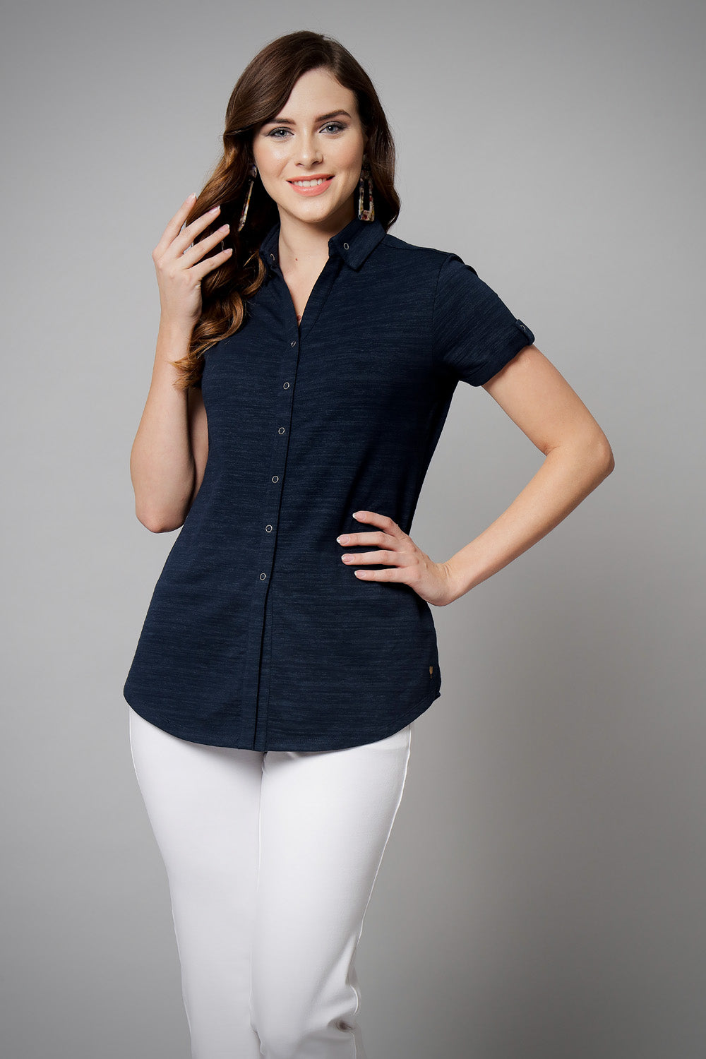 Navy Long Cotton Crush Stretch Shirt