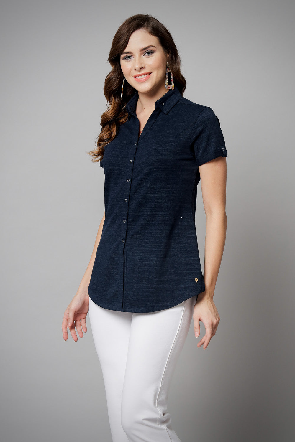Navy Long Cotton Crush Stretch Shirt