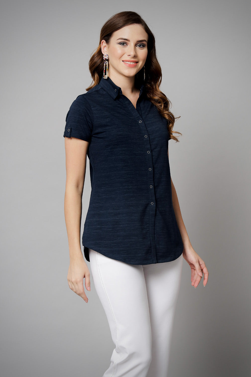 Navy Long Cotton Crush Stretch Shirt