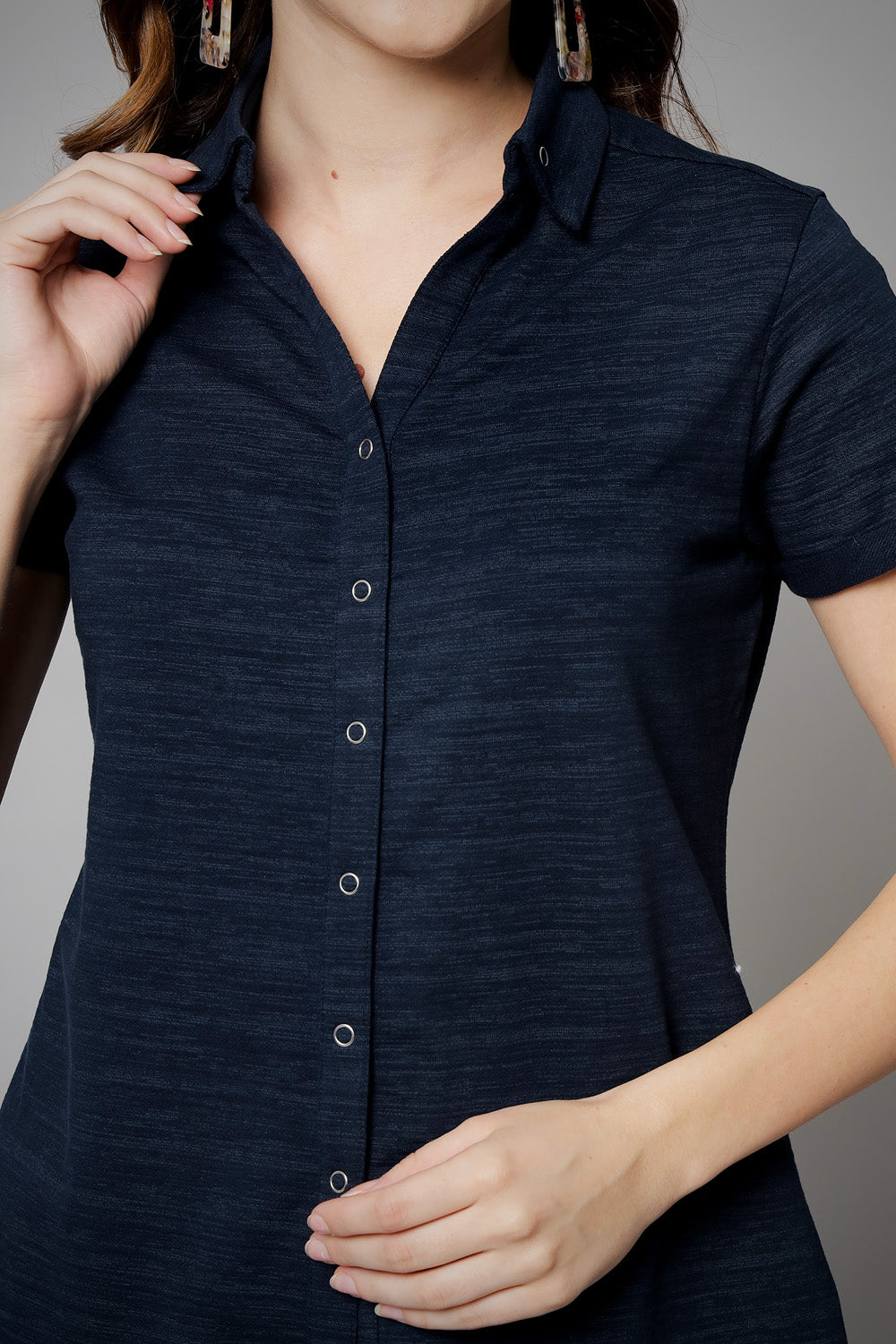 Navy Long Cotton Crush Stretch Shirt