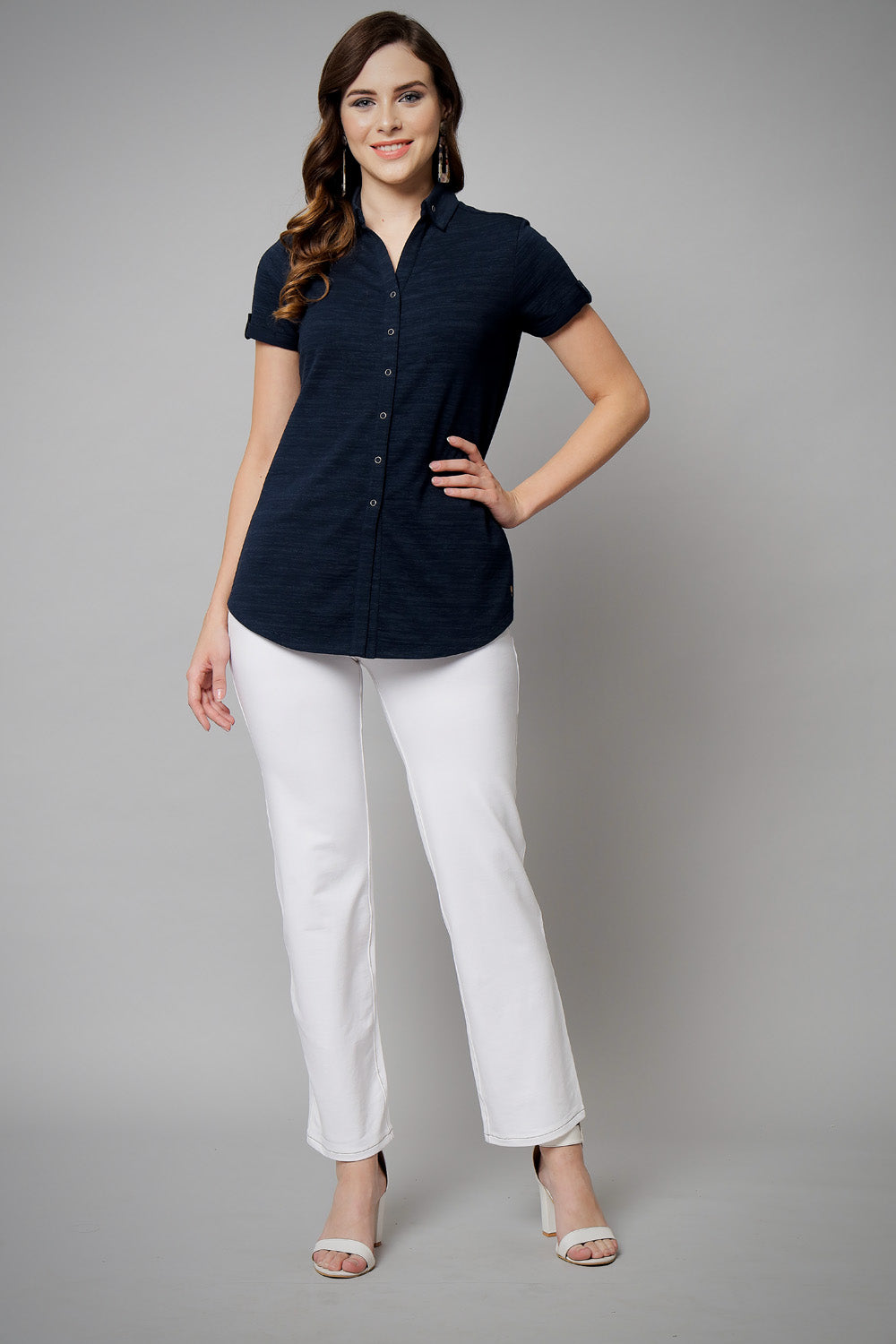 Navy Long Cotton Crush Stretch Shirt