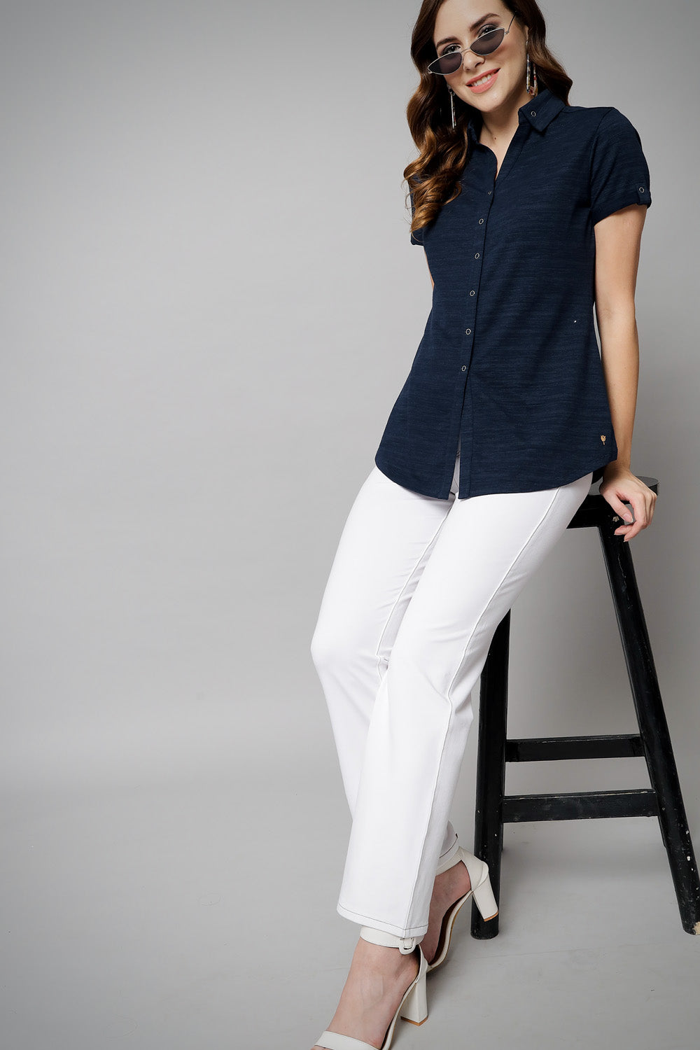 Navy Long Cotton Crush Stretch Shirt