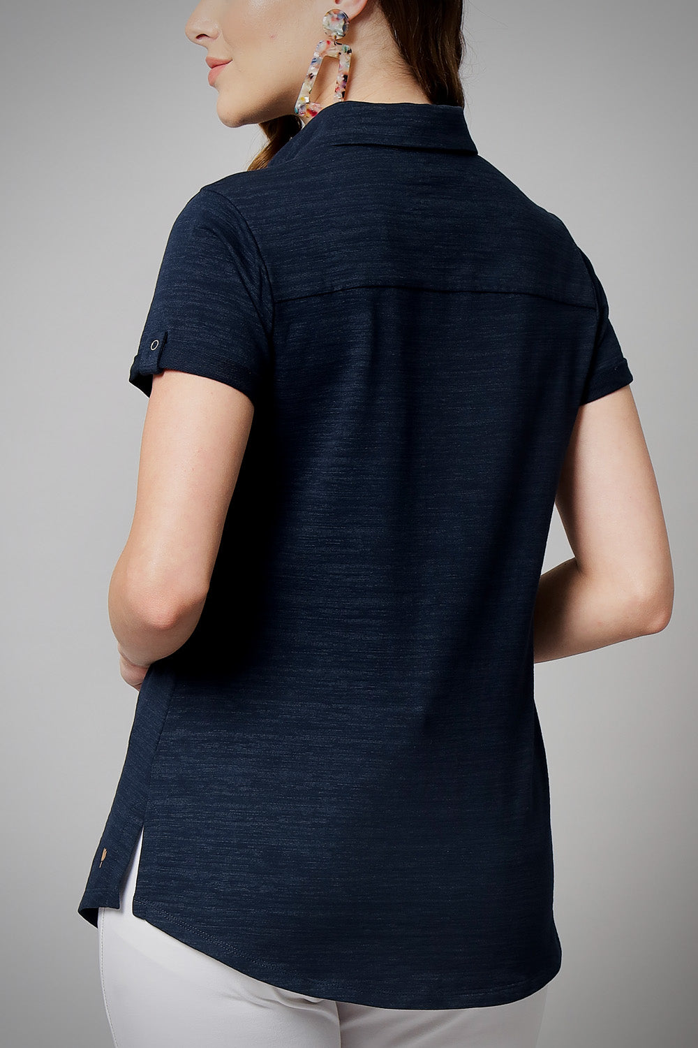 Navy Long Cotton Crush Stretch Shirt