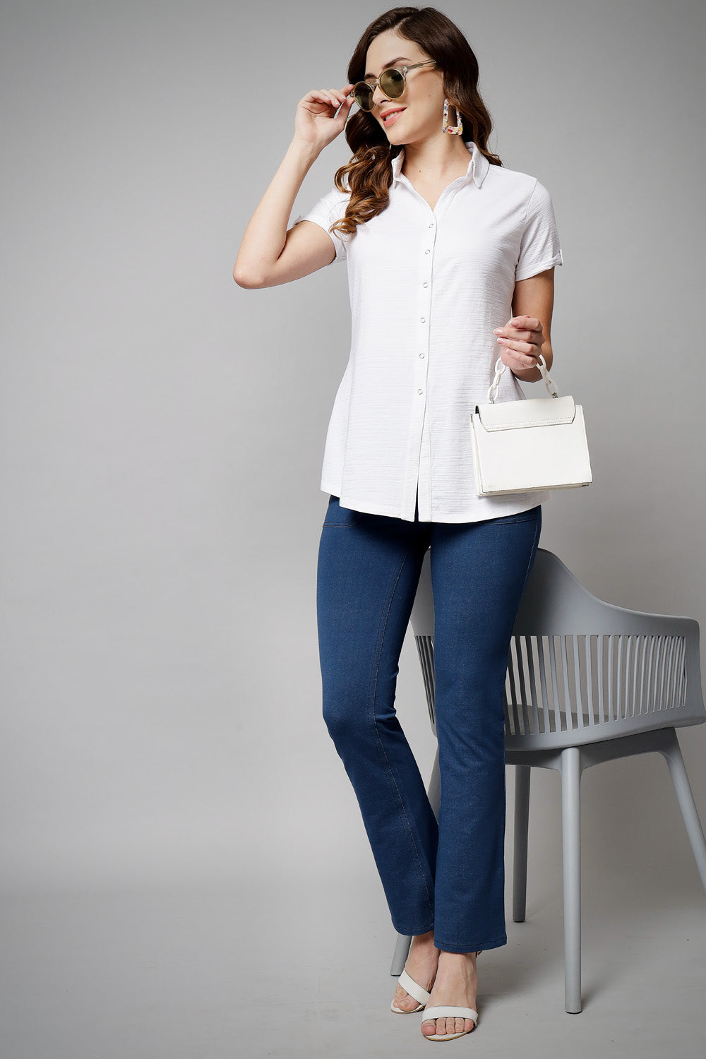 White Long Cotton Crush Stretch Shirt