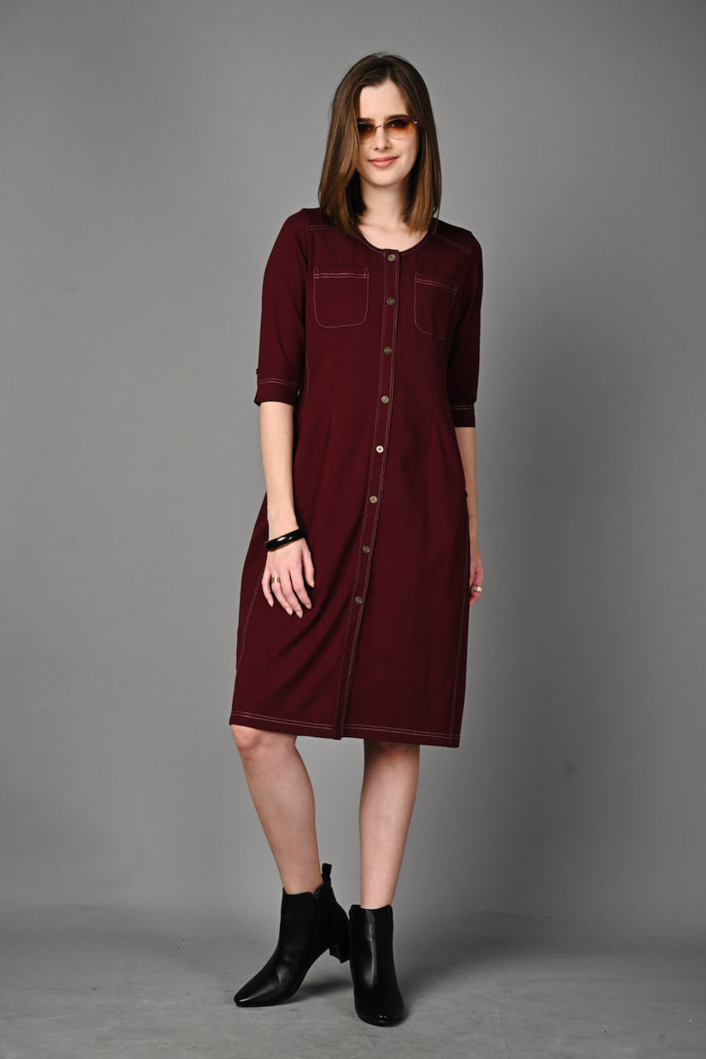 Wine Cotton Stretch Dress with Waist Adjuster