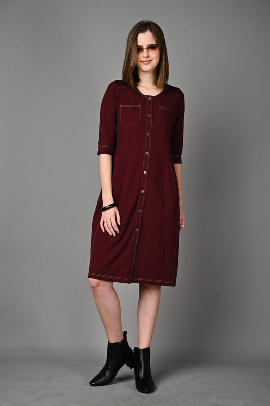 Wine Cotton Stretch Dress with Waist Adjuster