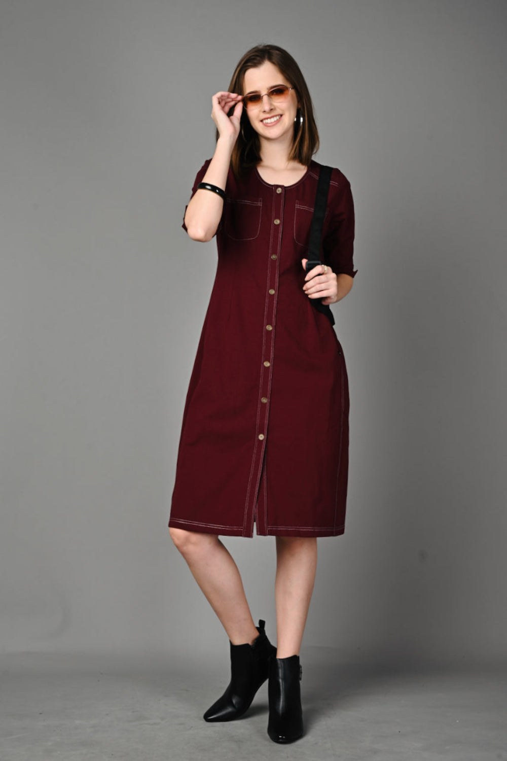 Wine Cotton Stretch Dress with Waist Adjuster