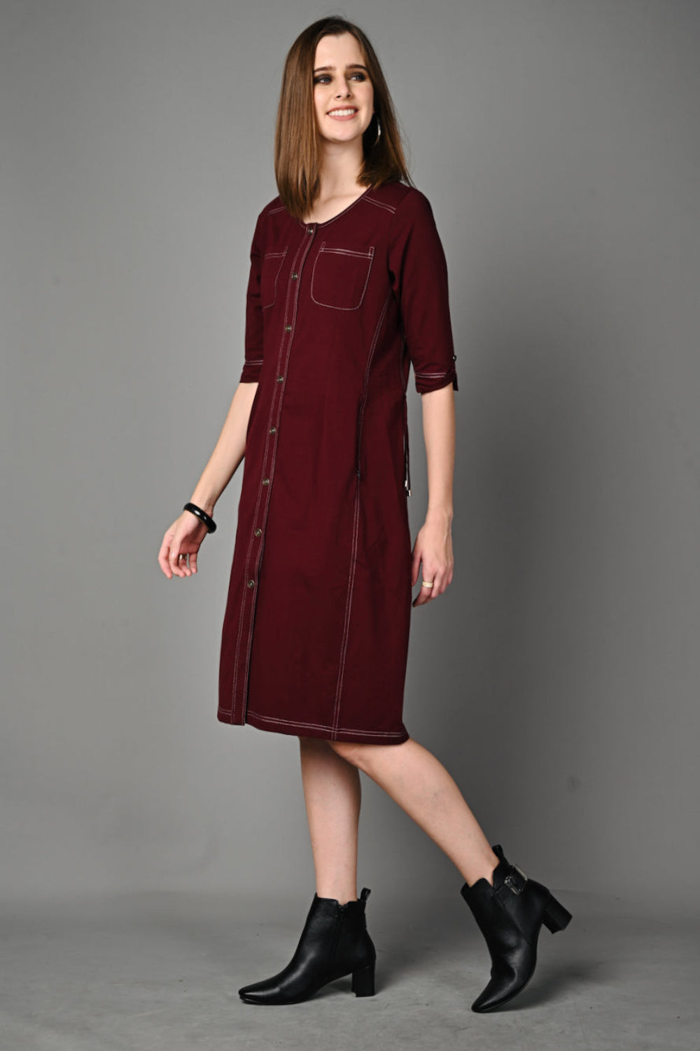 Wine Cotton Stretch Dress with Waist Adjuster