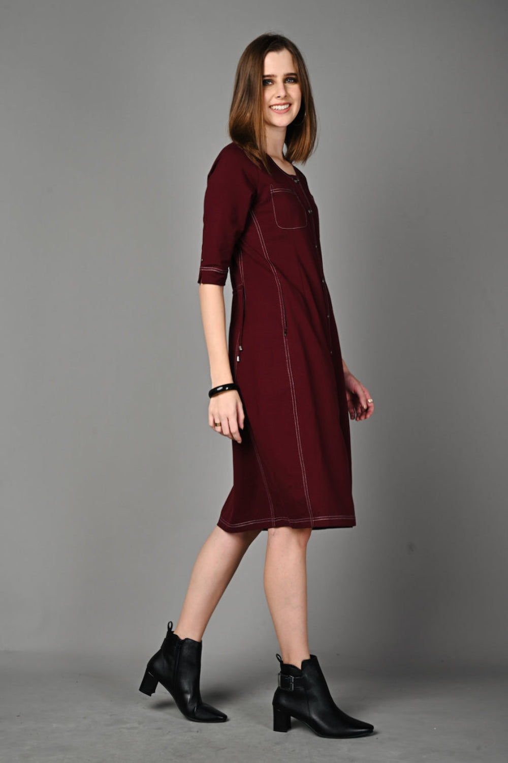 Wine Cotton Stretch Dress with Waist Adjuster