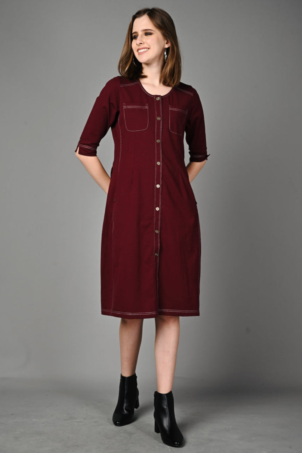 Wine Cotton Stretch Dress with Waist Adjuster