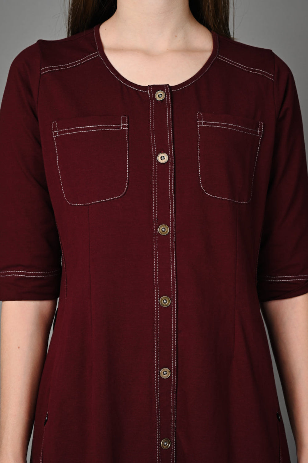 Wine Cotton Stretch Dress with Waist Adjuster