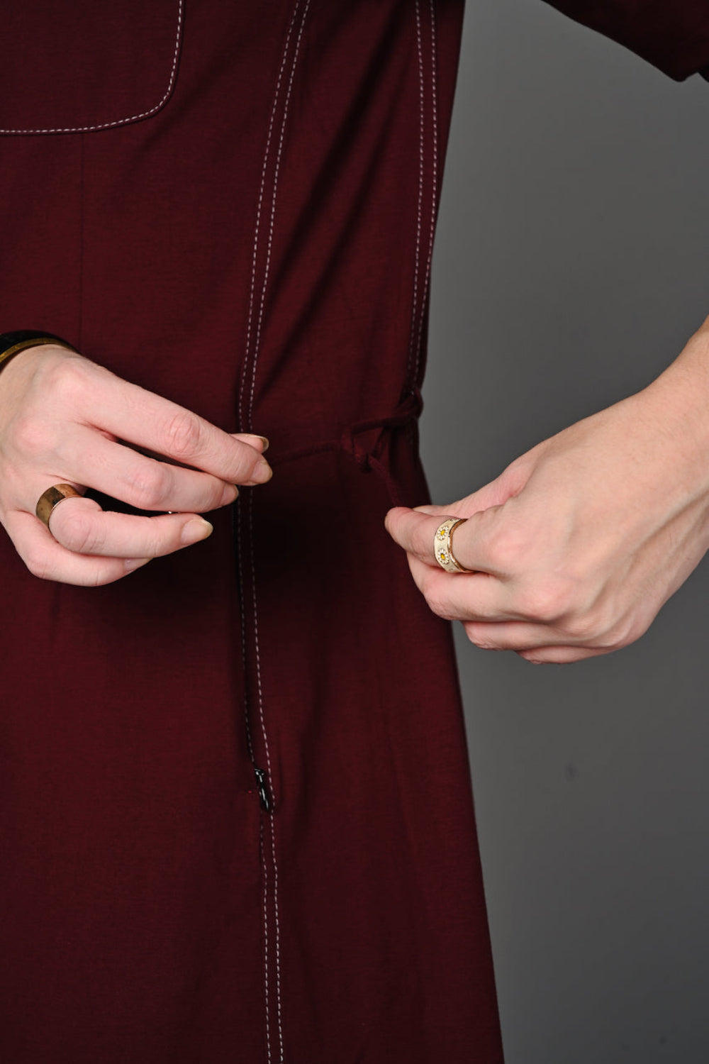 Wine Cotton Stretch Dress with Waist Adjuster