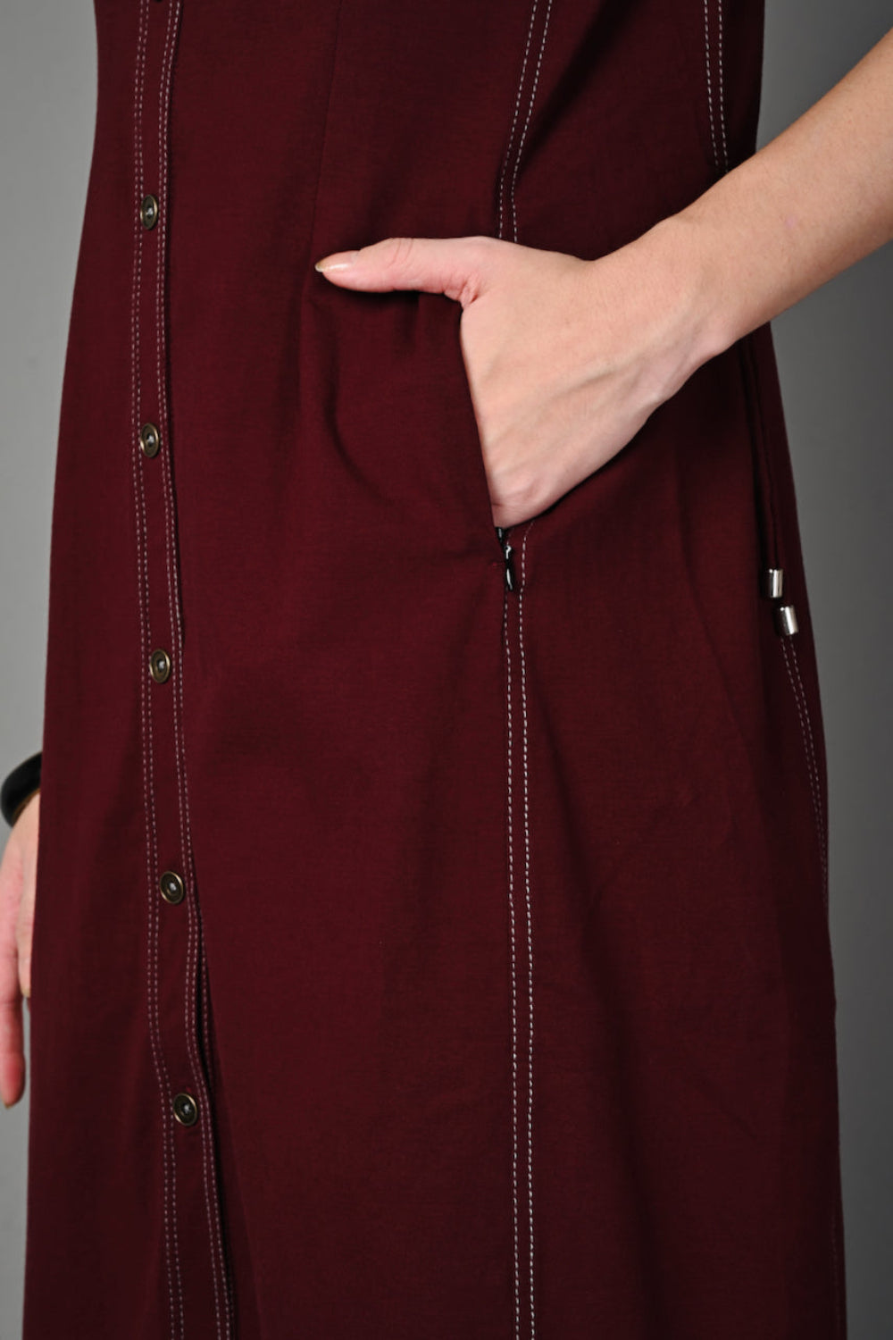 Wine Cotton Stretch Dress with Waist Adjuster