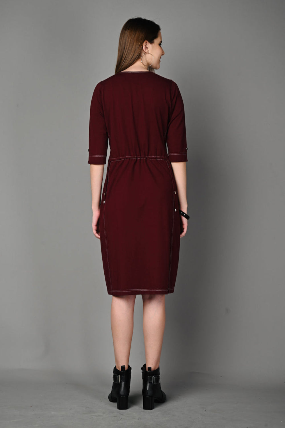 Wine Cotton Stretch Dress with Waist Adjuster